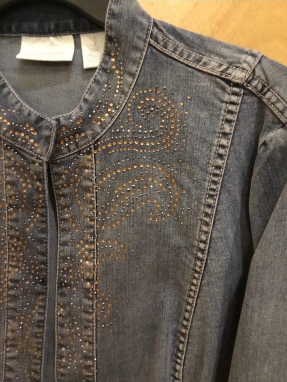 Chico's Washed Denim Jacket with Stud Detail Cotton Distressed Sz XL - Picture 4 of 7